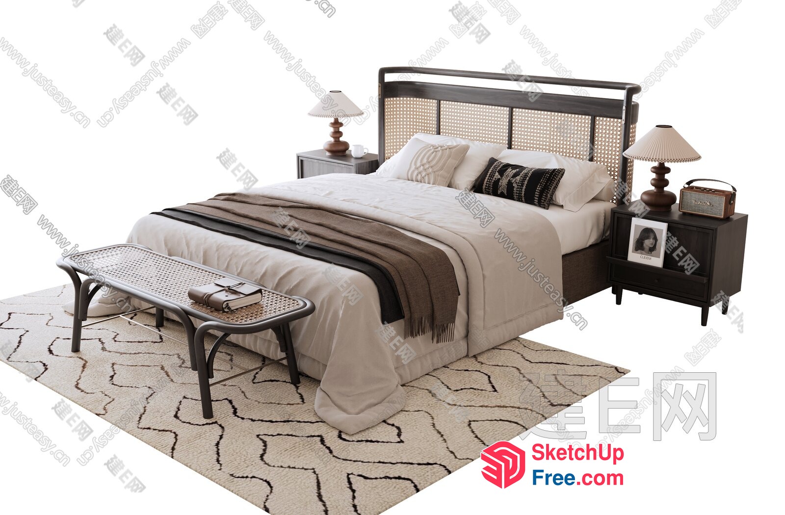 Modern Minimalist Bed And Nightstand Set 3D SketchUp File