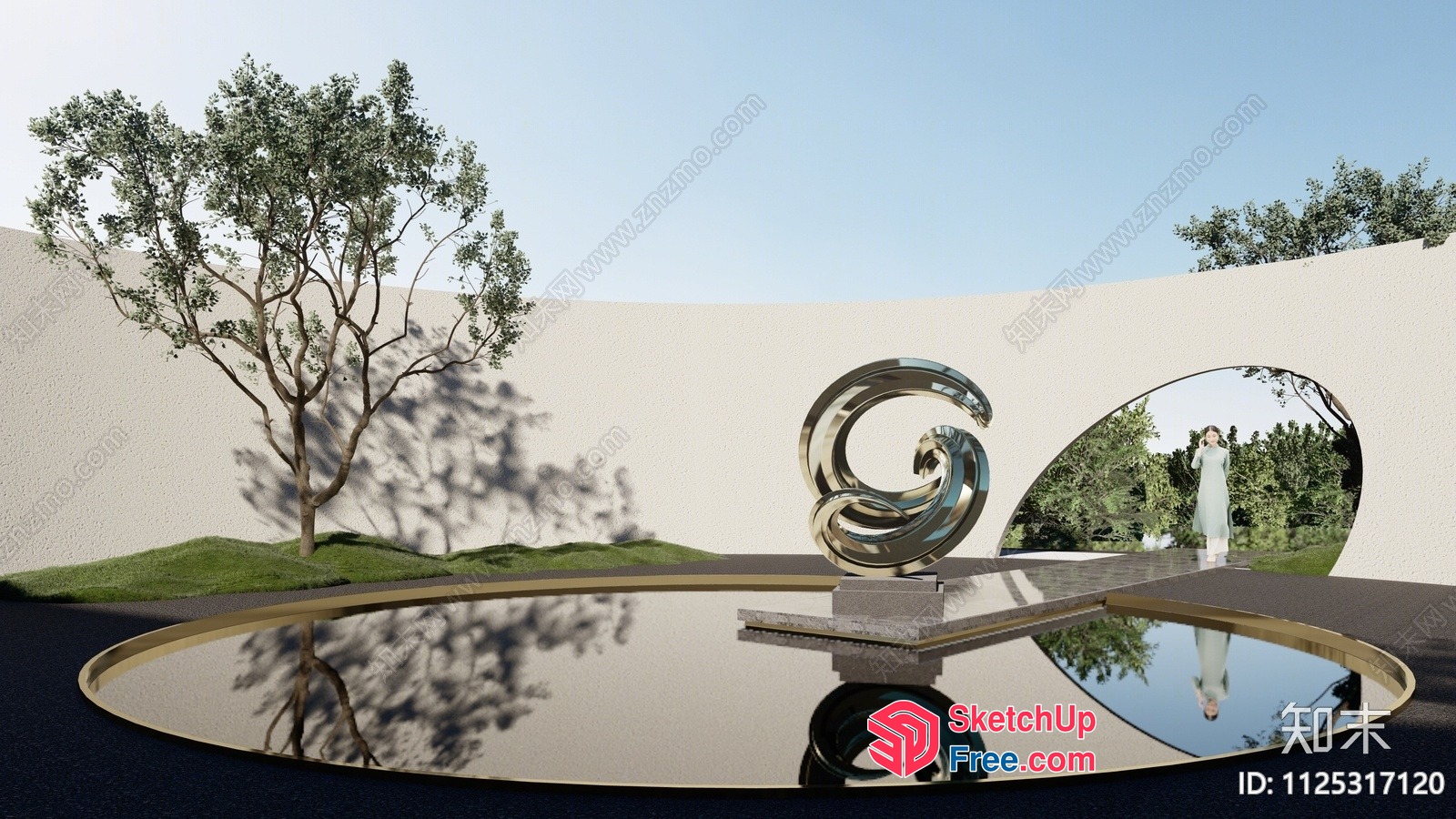 A Serene Modern Outdoor Space With A Reflective Pool And Sculpture 3D SketchUp File