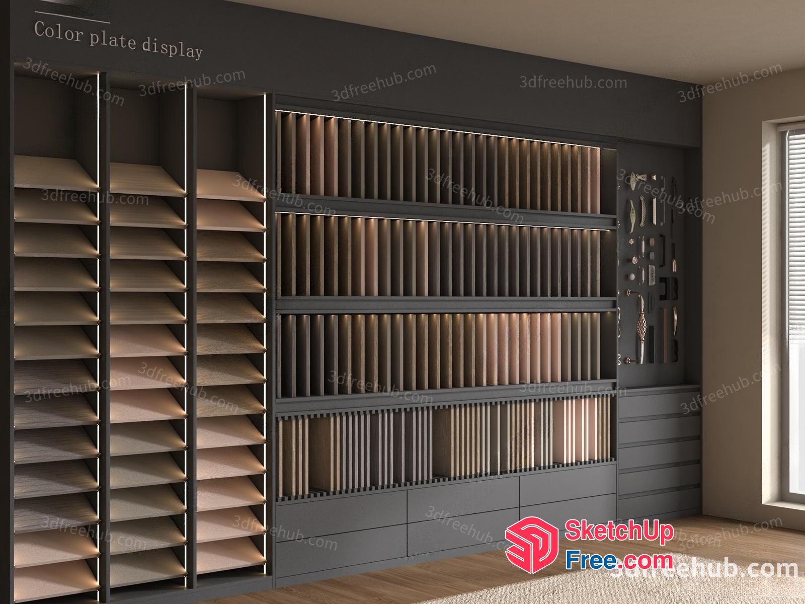 Modern Shelving Unit With Color Plate Display 3D SketchUp File