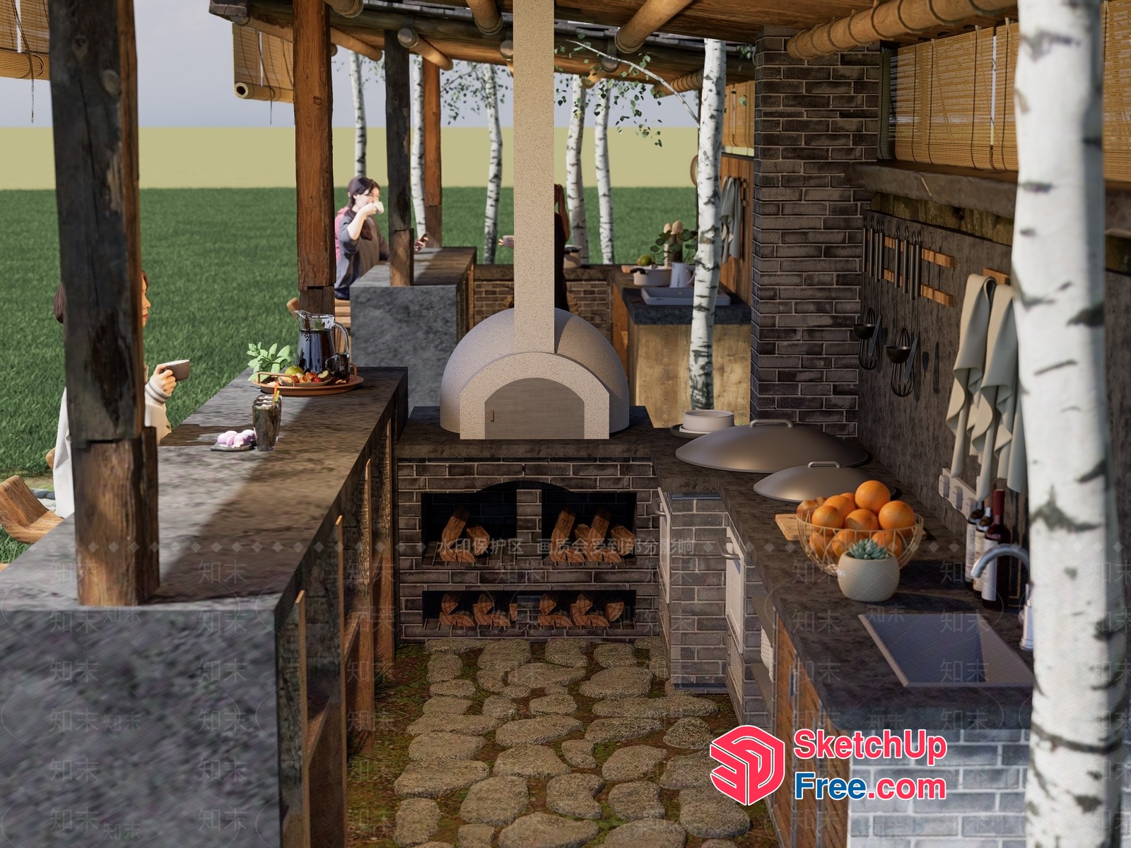 Outdoor Kitchen With Pizza Oven And Bar Counter 3D SketchUp File
