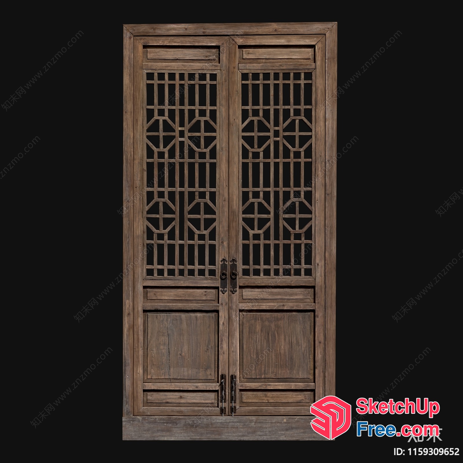 Traditional Asian Wooden Double Door With Intricate Lattice Pattern 3D SketchUp File