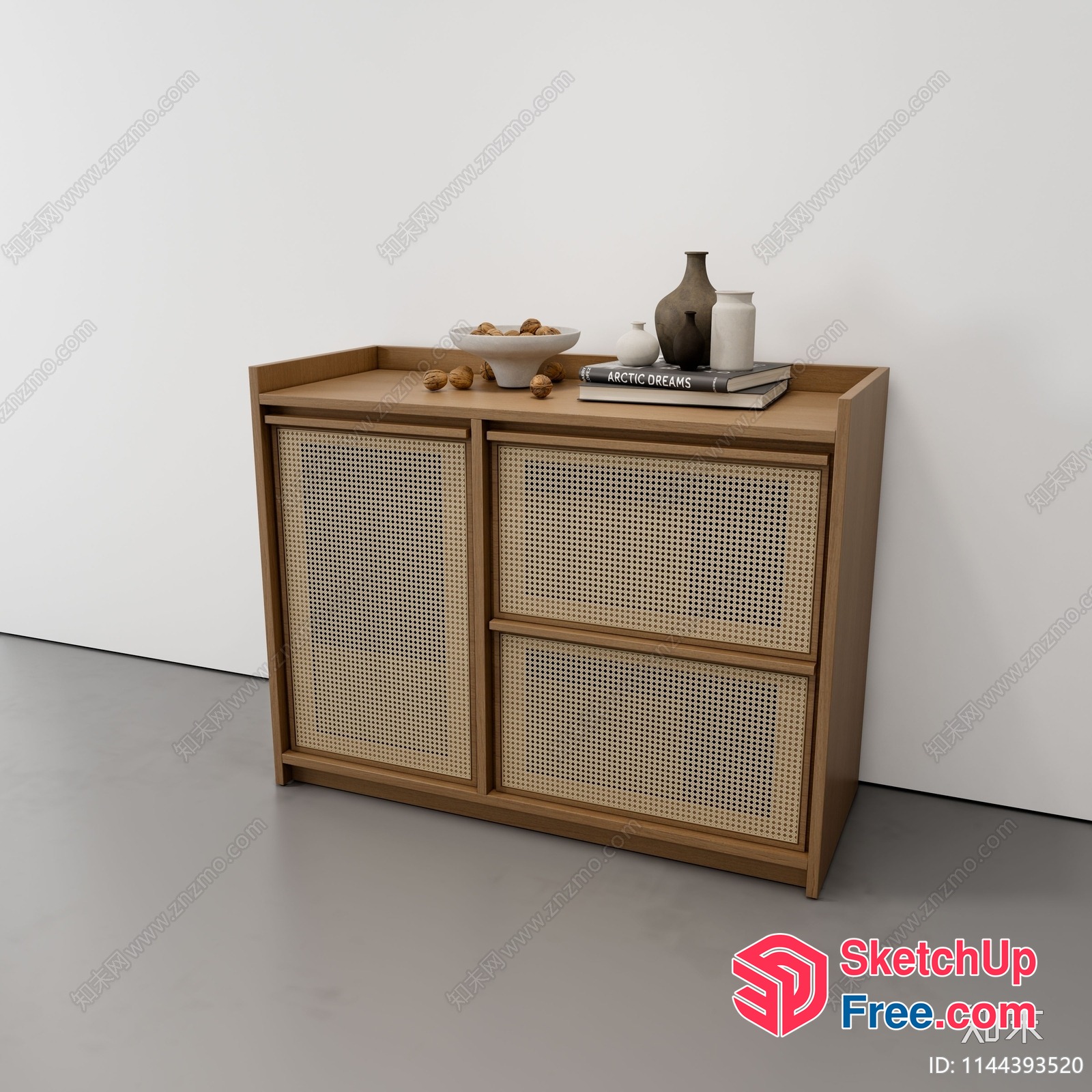 Wooden Storage Unit With Rattan Doors And Decorative Items 3D SketchUp File