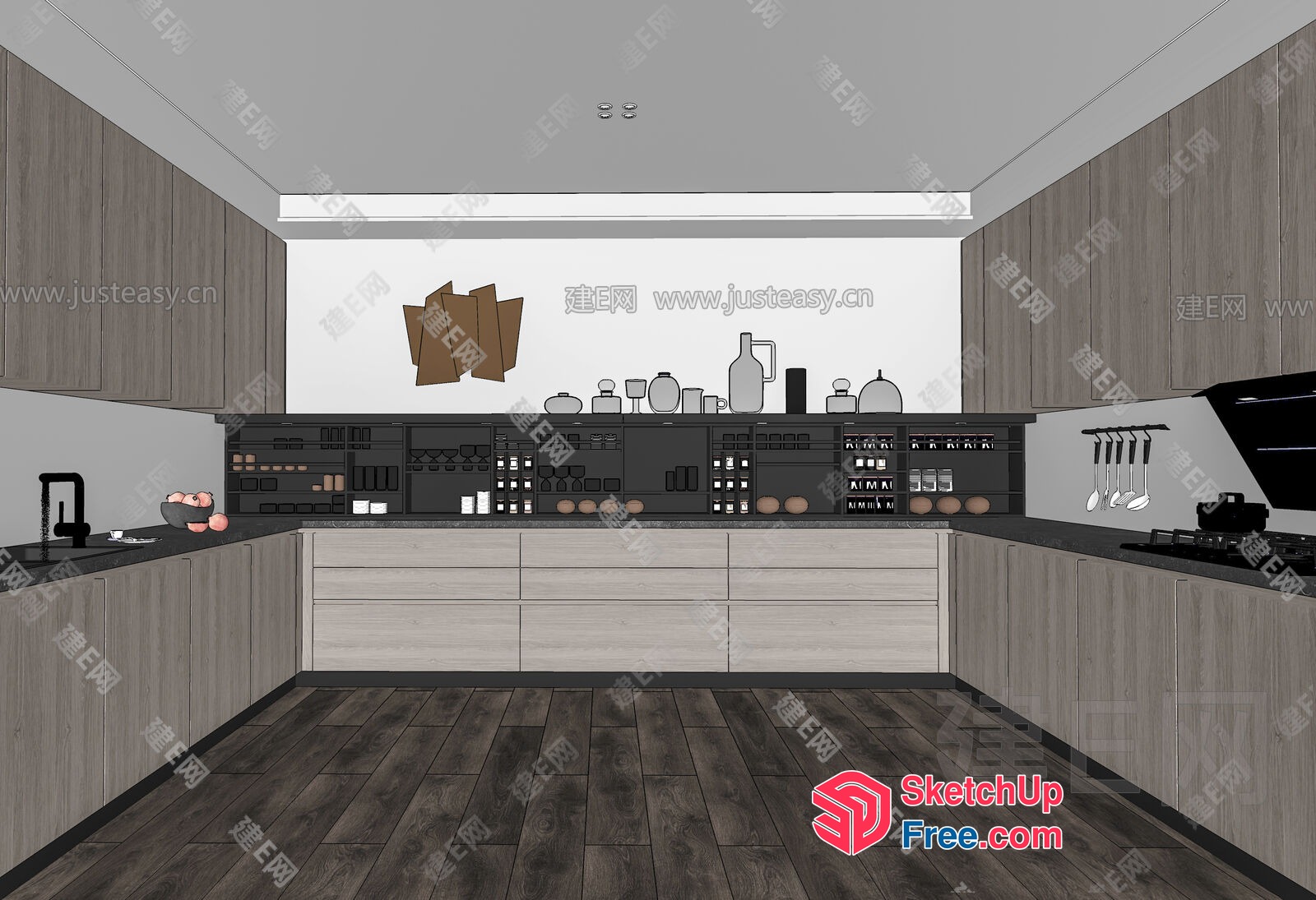 Modern Kitchen With Wooden Cabinets And Black Countertops 3D SketchUp File