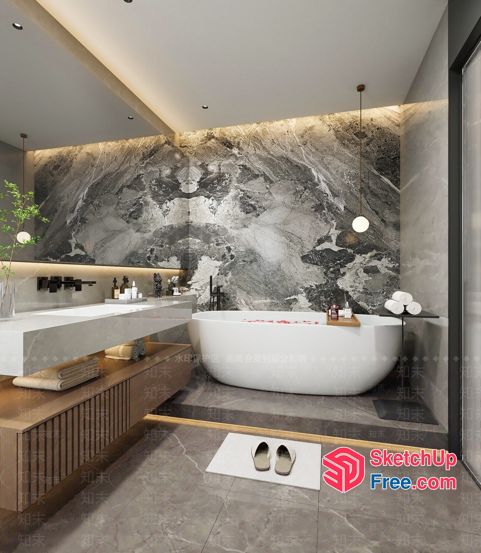 Modern Bathroom With Marble Accent Wall And White Bathtub 3D SketchUp File