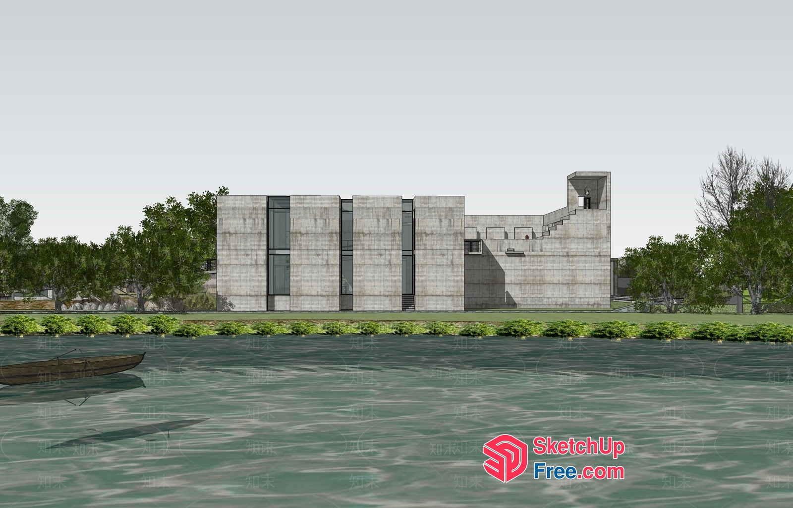 Exterior Building With Waterfront View 3D SketchUp File