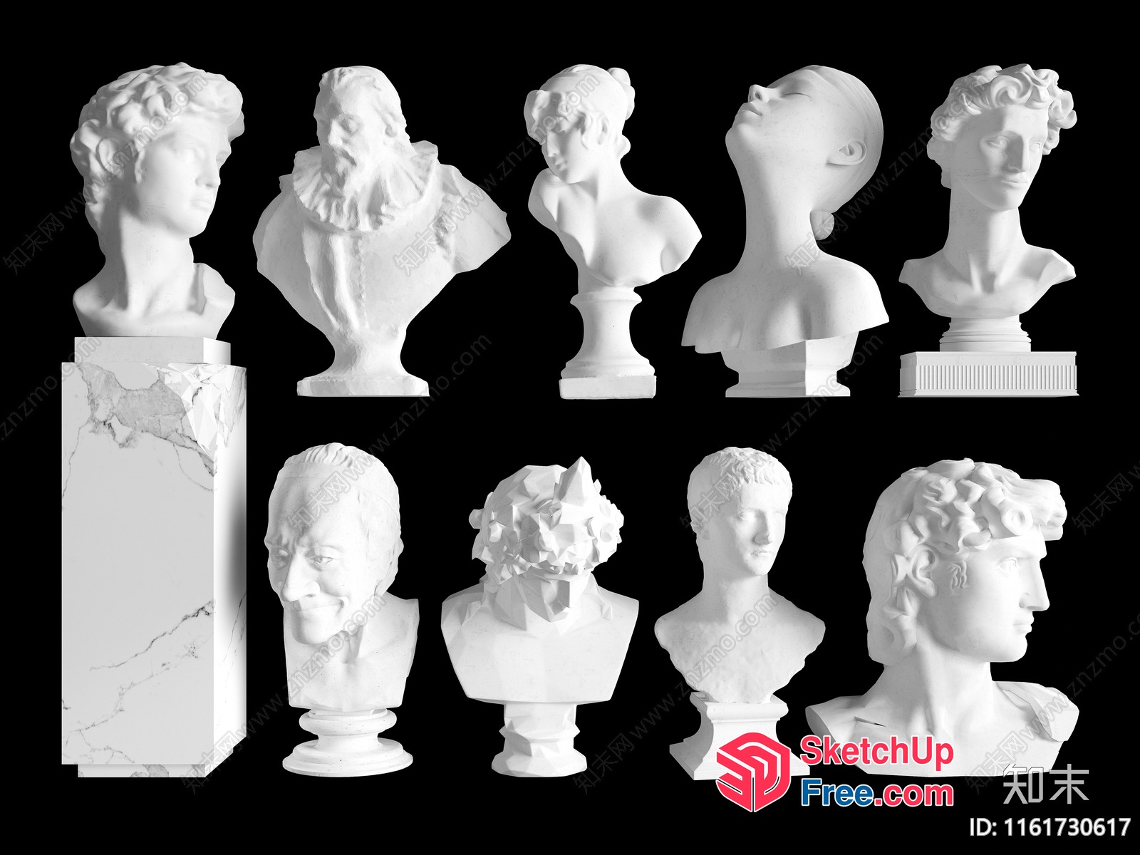 White Marble Busts On Black Background 3D SketchUp File