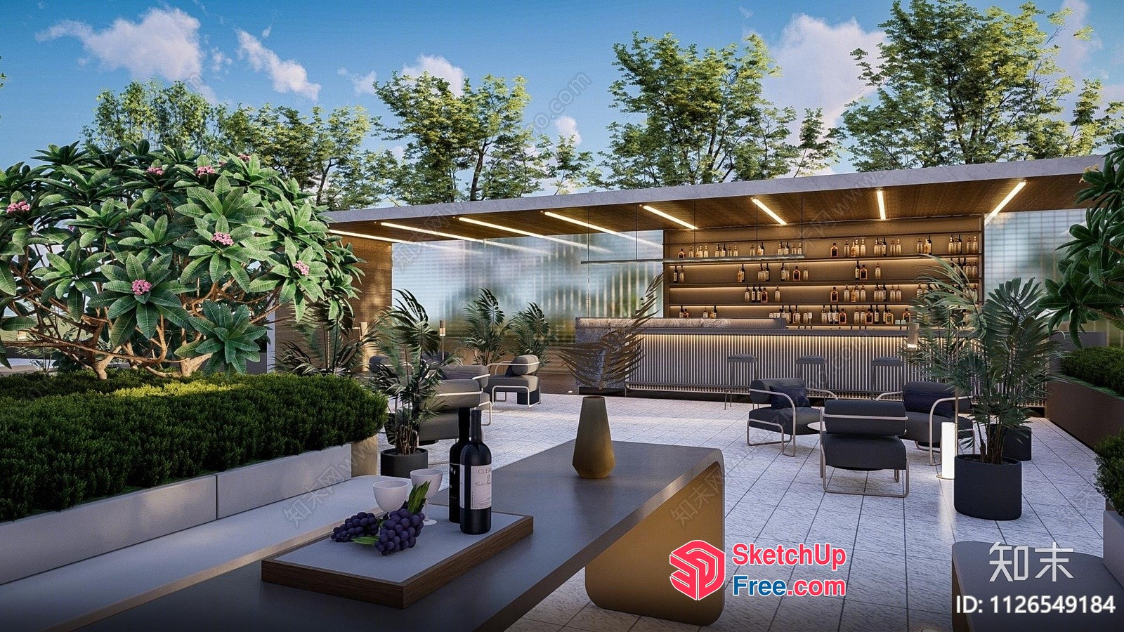 Elegant Outdoor Bar With Modern Furniture And Plants 3D SketchUp File