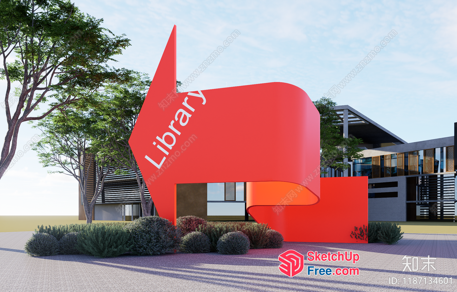 Modern Library Exterior With Large Red Bookmark 3D SketchUp File
