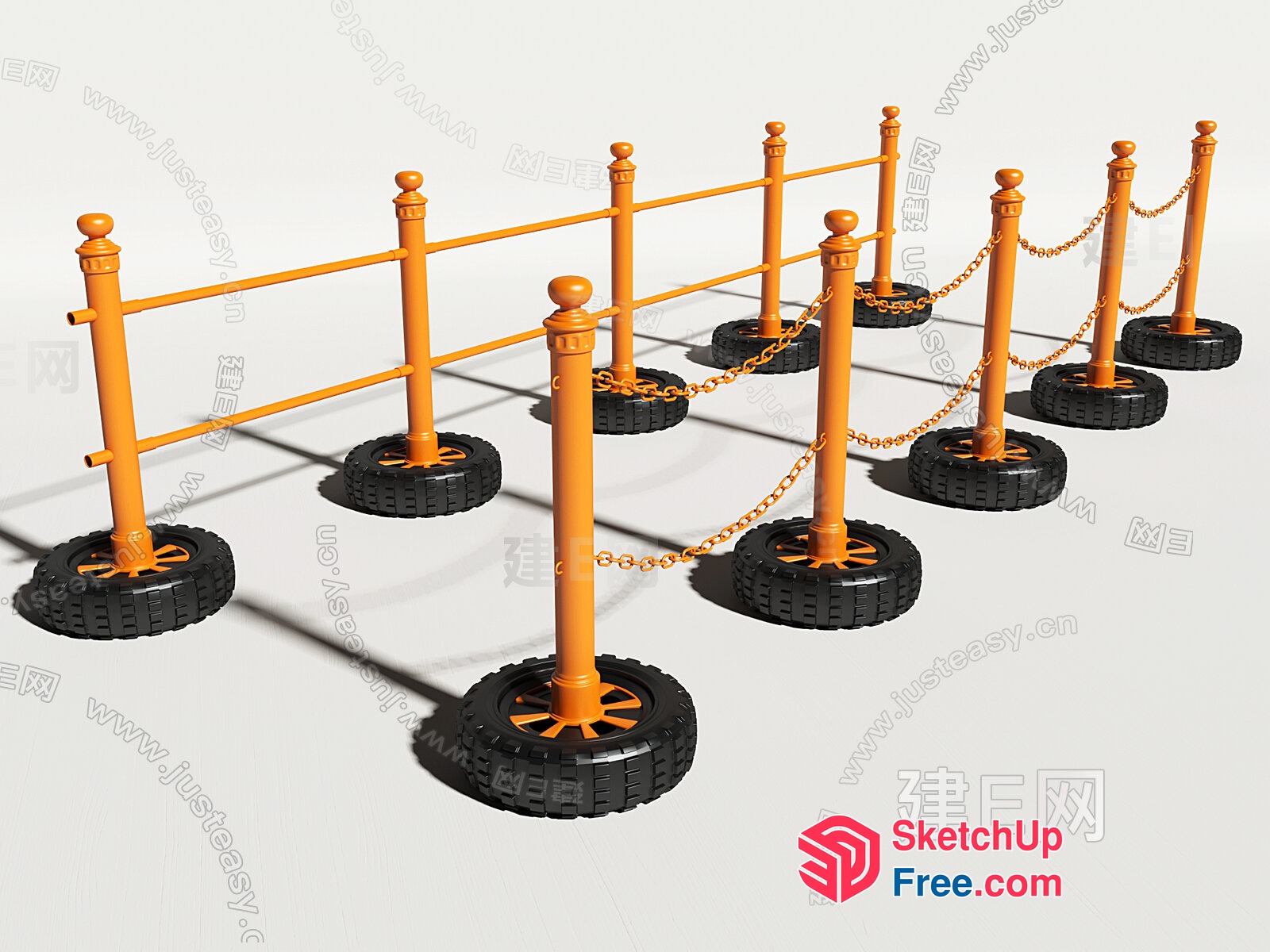 Orange Railing With Black Tire Bases 3D SketchUp File