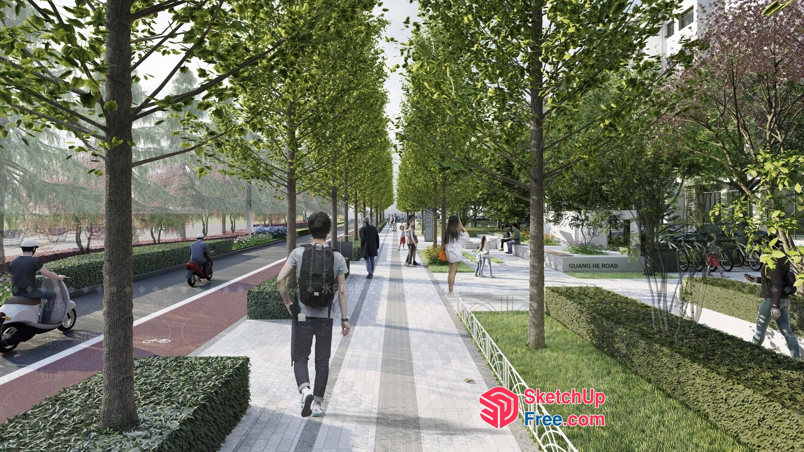 Modern Urban Street Scene With Pedestrians And Vehicles 3D SketchUp File
