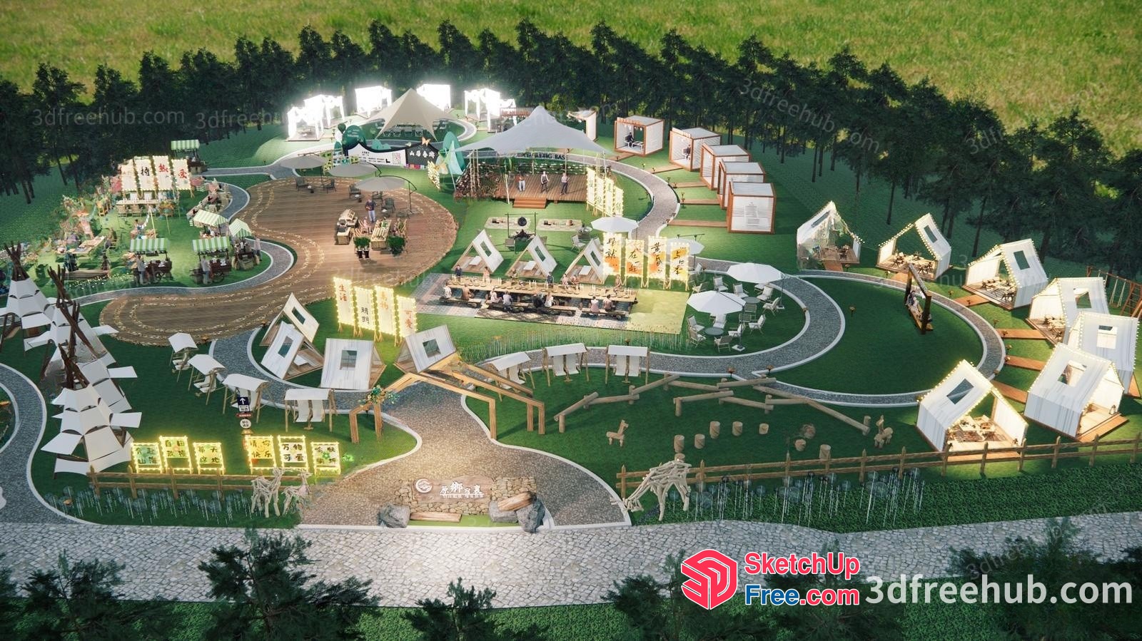 3D Rendering Of A Vibrant Outdoor Event Space With A Variety Of Seating Options And Decorative Elements 3D SketchUp File