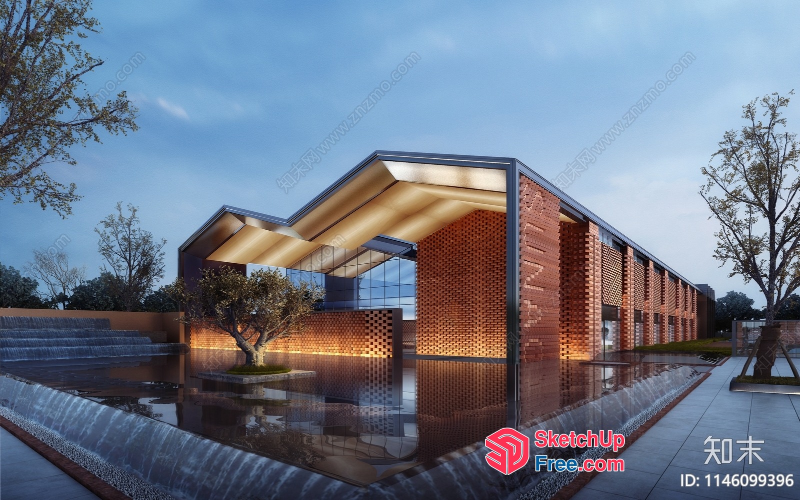 Modern Glass Brick Building With Water Feature 3D SketchUp File