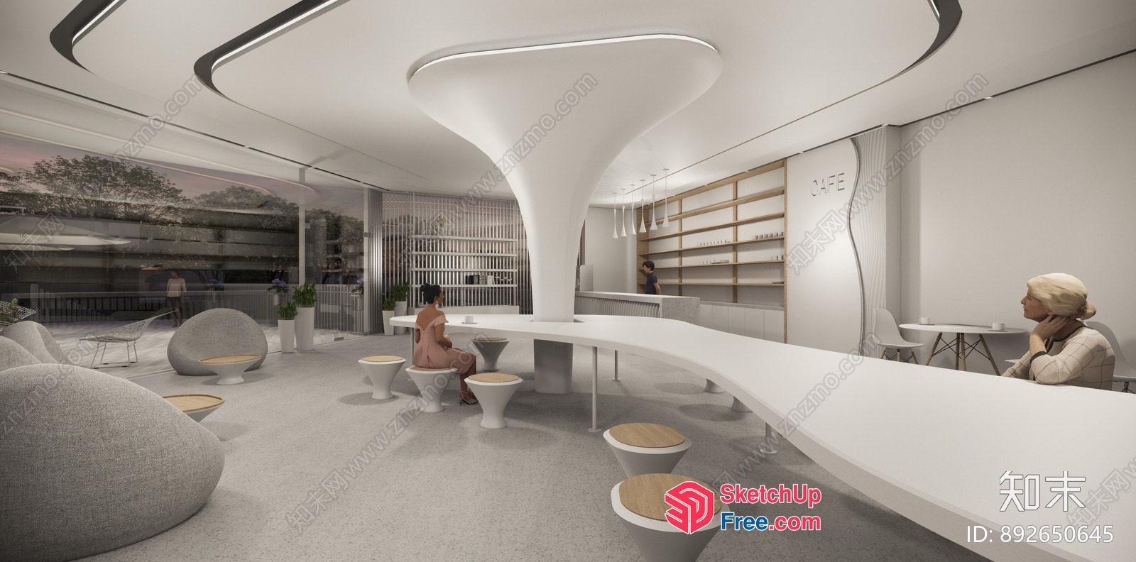 Modern Minimalist Cafe With Curved Ceiling And White Walls 3D SketchUp File