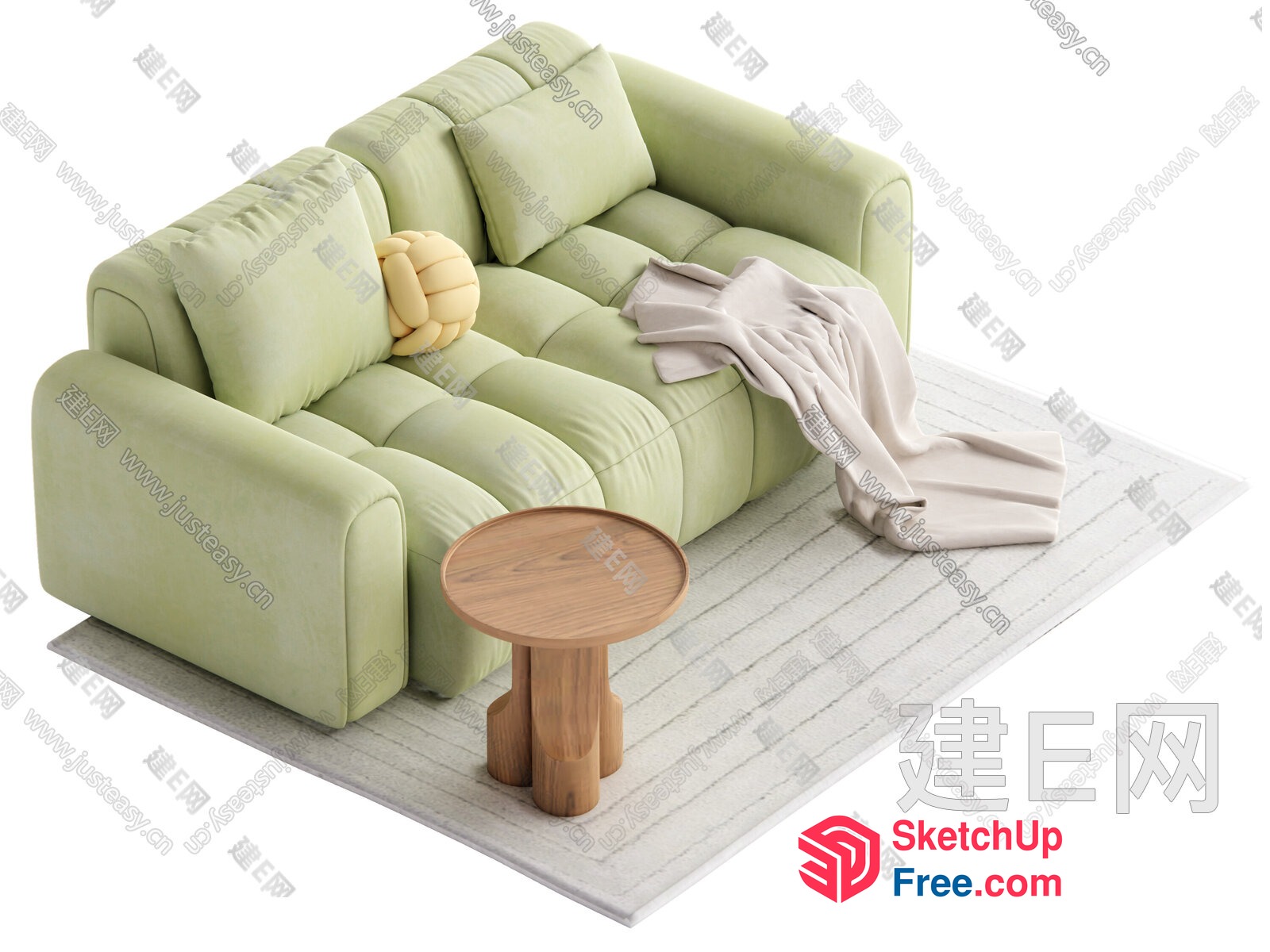 Light Green Sofa With Pillows And Blanket On Rug 3D SketchUp File