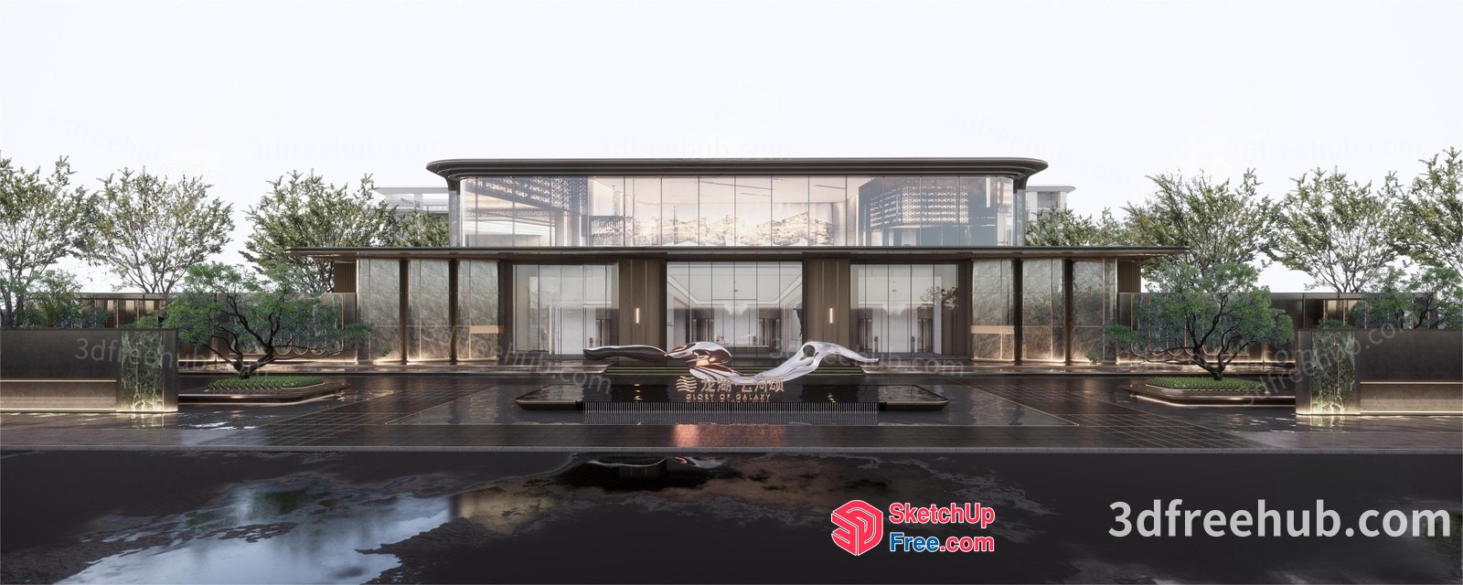 Modern Glass Building With Elegant Entrance 3D SketchUp File