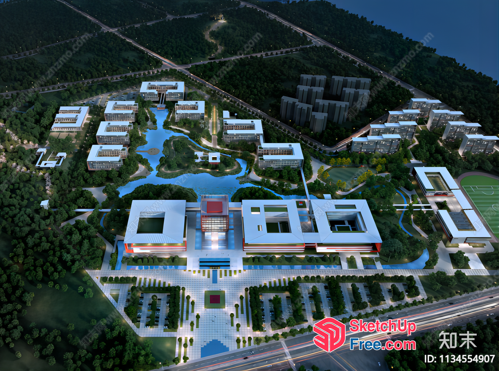 Modern Commercial Building With A Large Courtyard And Parking Lot 3D SketchUp File