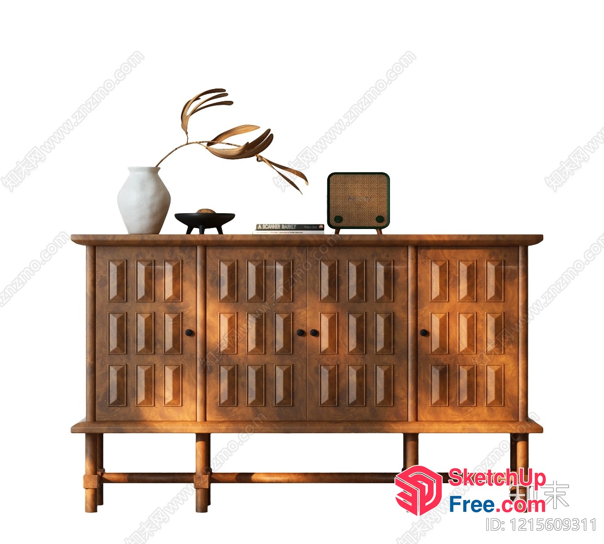 Decorative Wooden Sideboard With Ornate Door Panels 3D SketchUp File