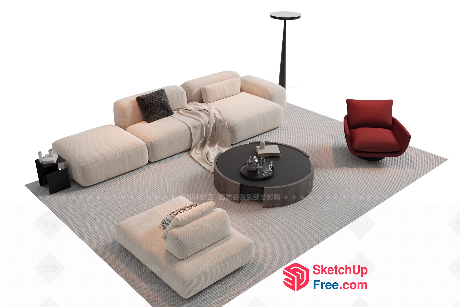 Modern Living Room With Creamy Style Sofa And Coffee Table 3D SketchUp File