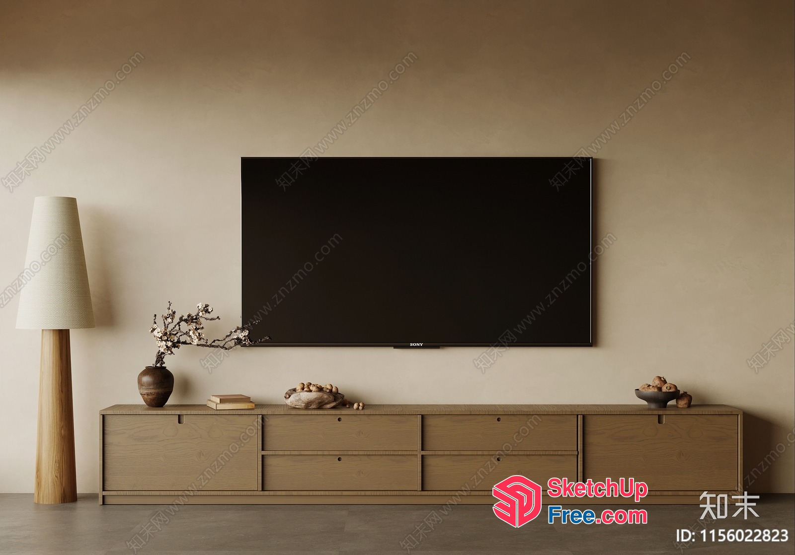 Minimalist Japanese-Style Tv Room With Creamy White Walls 3D SketchUp File