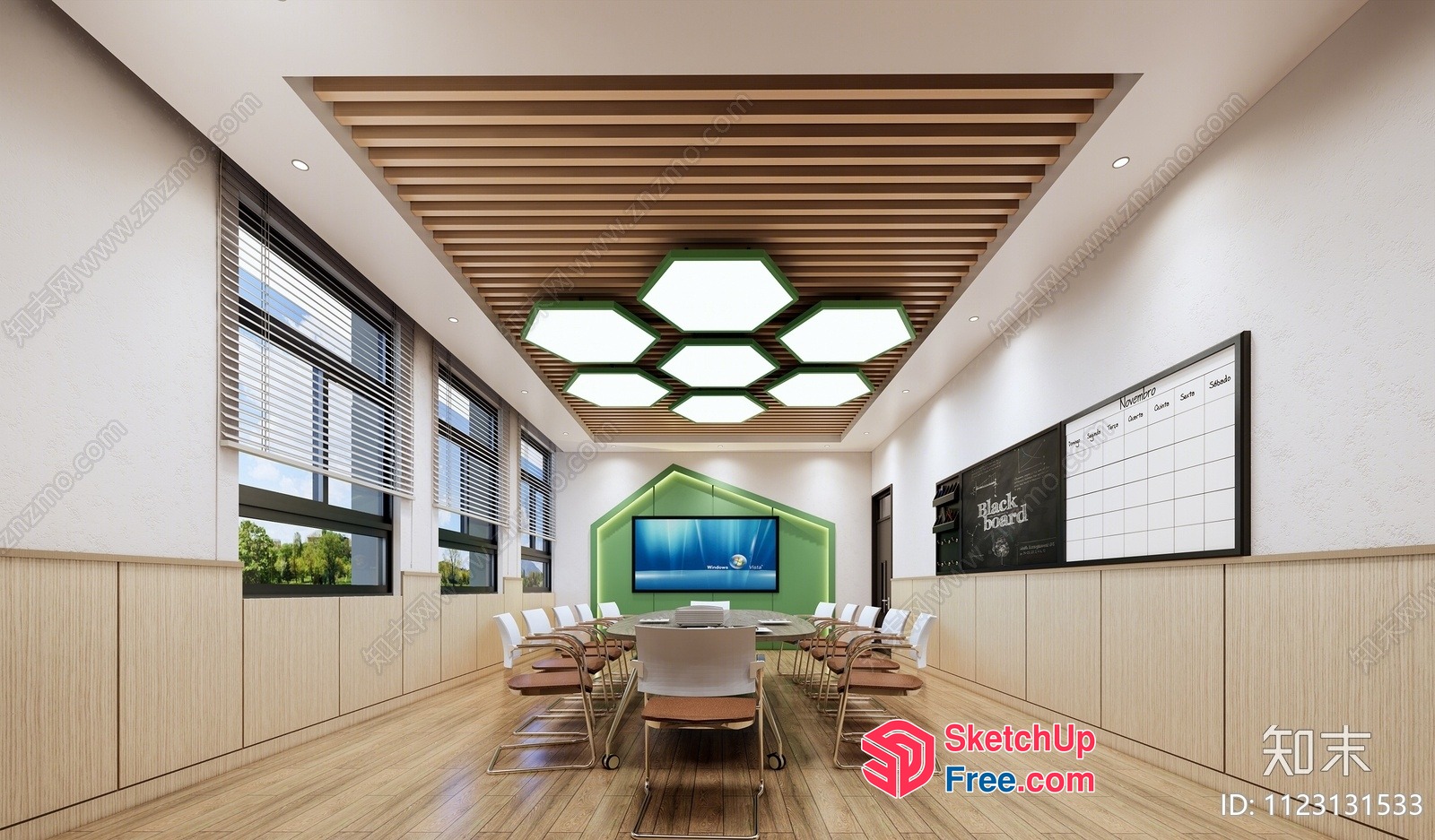 Modern Conference Room With Wood Ceiling And Hexagonal Lights 3D SketchUp File