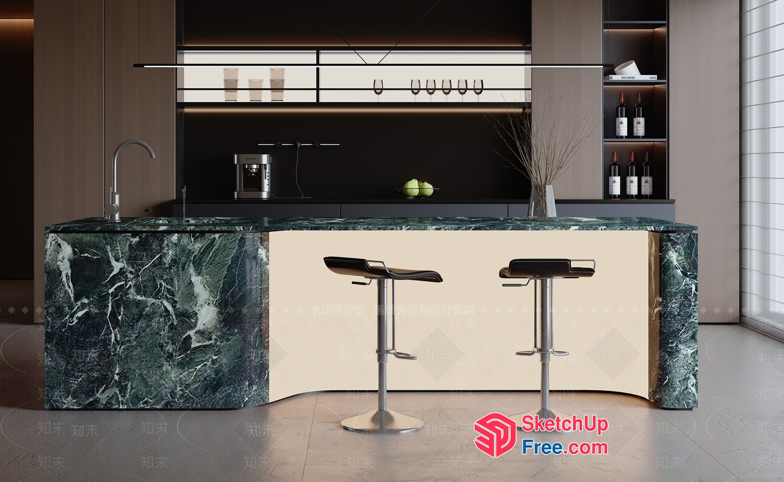 Modern Kitchen Island With Green Marble Countertop 3D SketchUp File