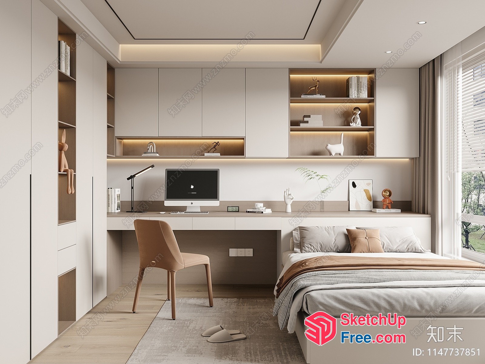 Minimalist Japanese-Style Bedroom With Desk And Bed 3D SketchUp File