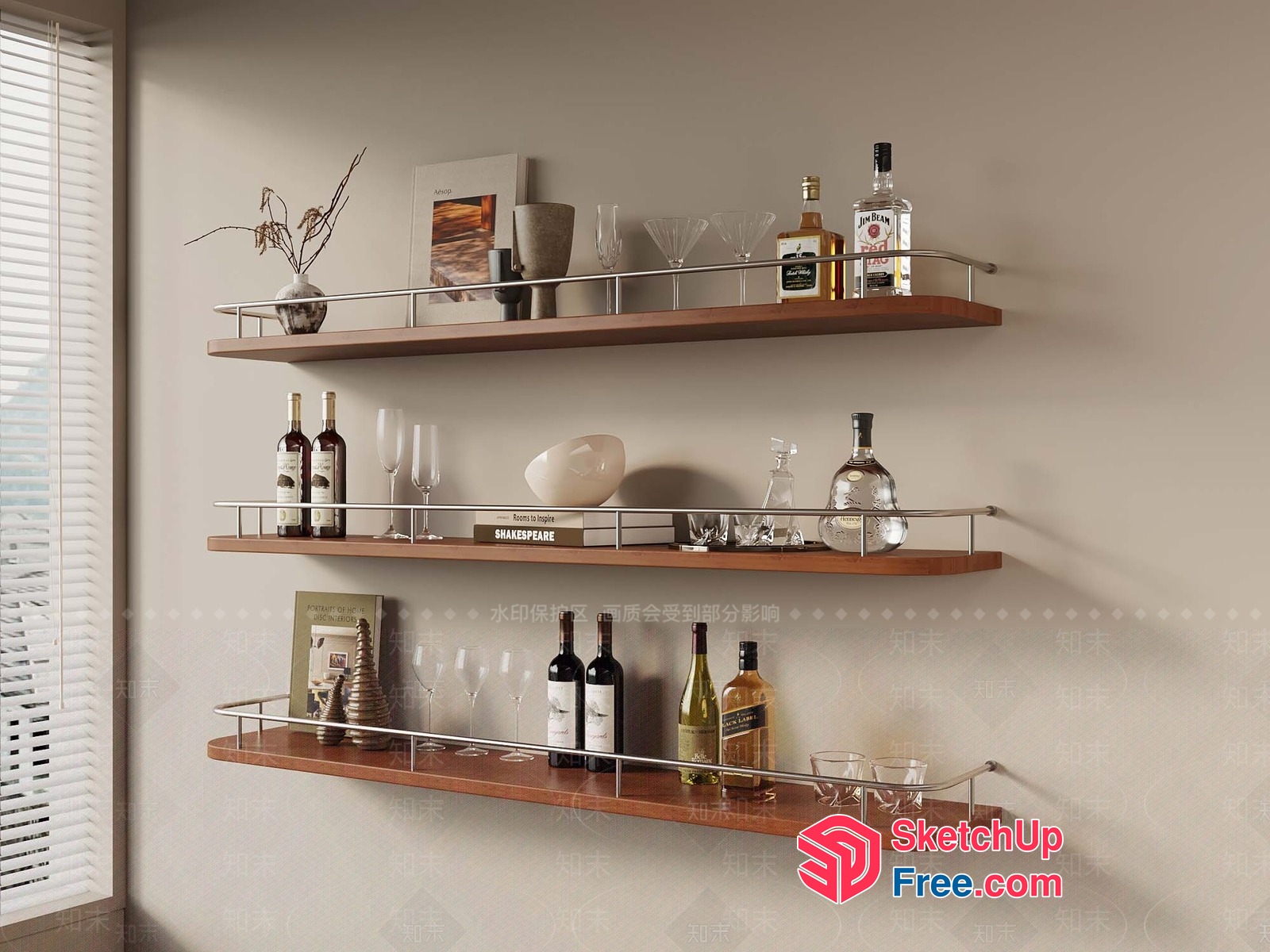 Elegant Wooden Shelves With Glass Railing And Wine Bottles 3D SketchUp File