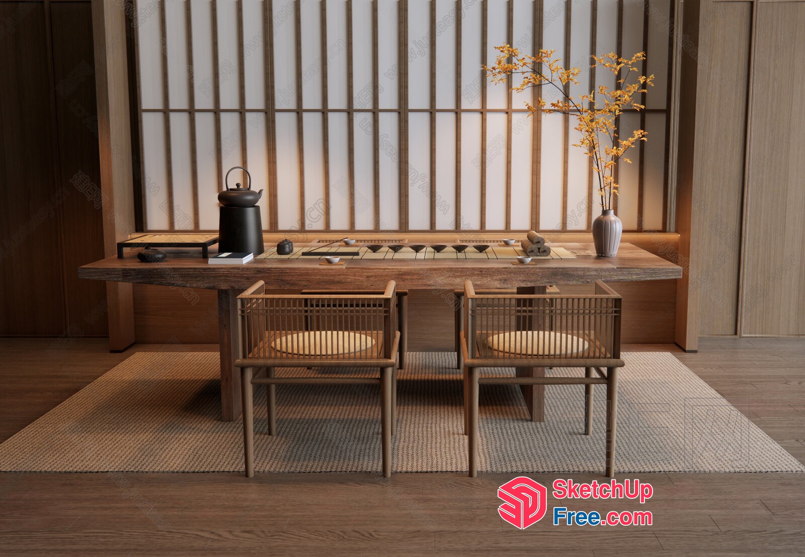 Traditional Japanese-Inspired Dining Room With Natural Materials 3D SketchUp File