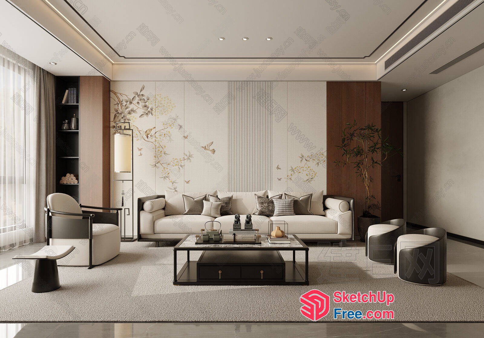Modern Minimalist Japanese-Style Living Room With Creamy Sofa 3D SketchUp File