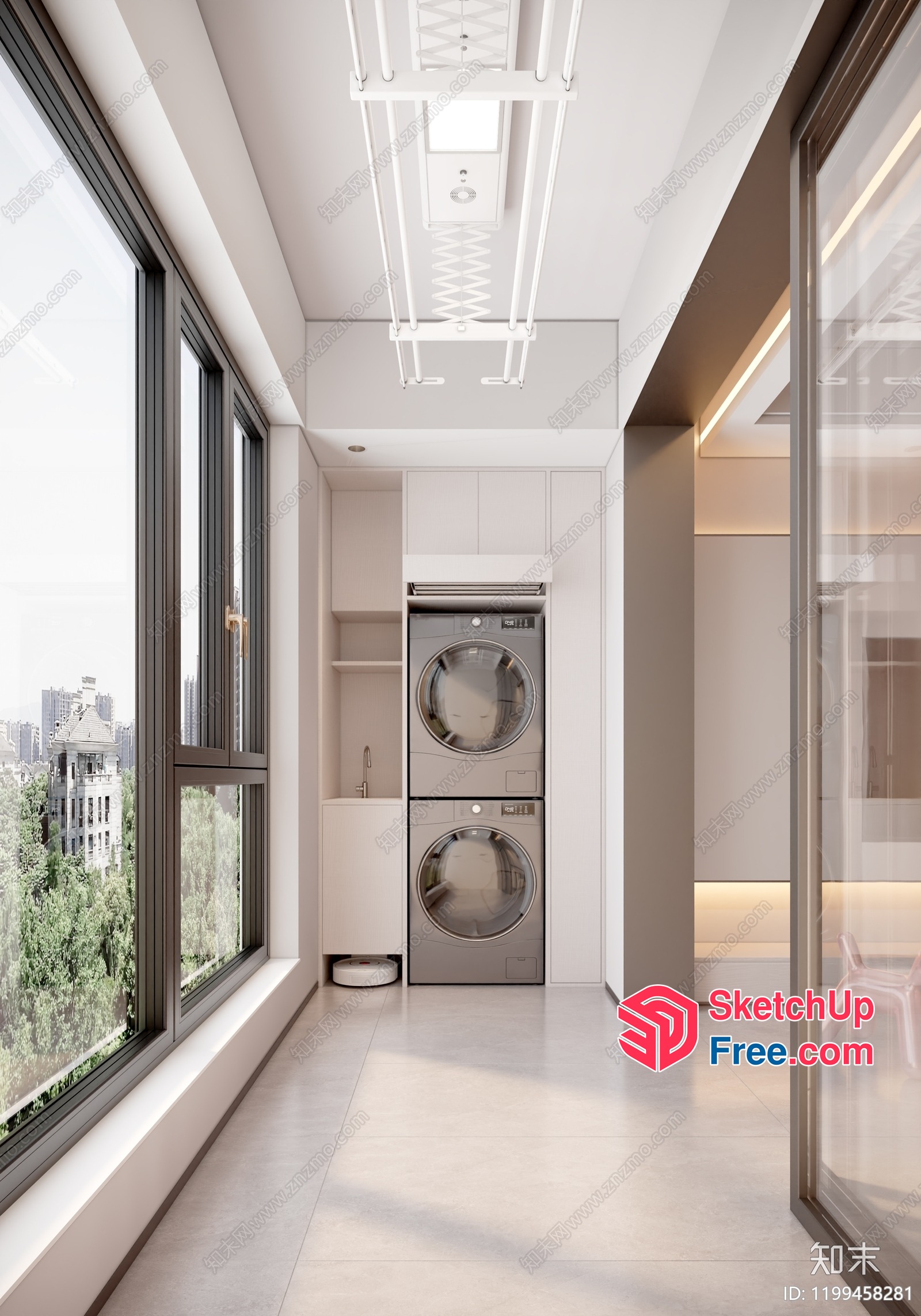 Modern Minimalist Apartment Laundry Room With City View 3D SketchUp File