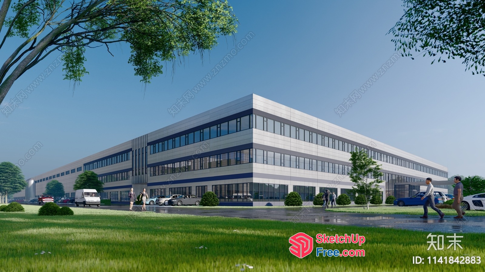 Office Building With A Parking Lot And Green Space 3D SketchUp File