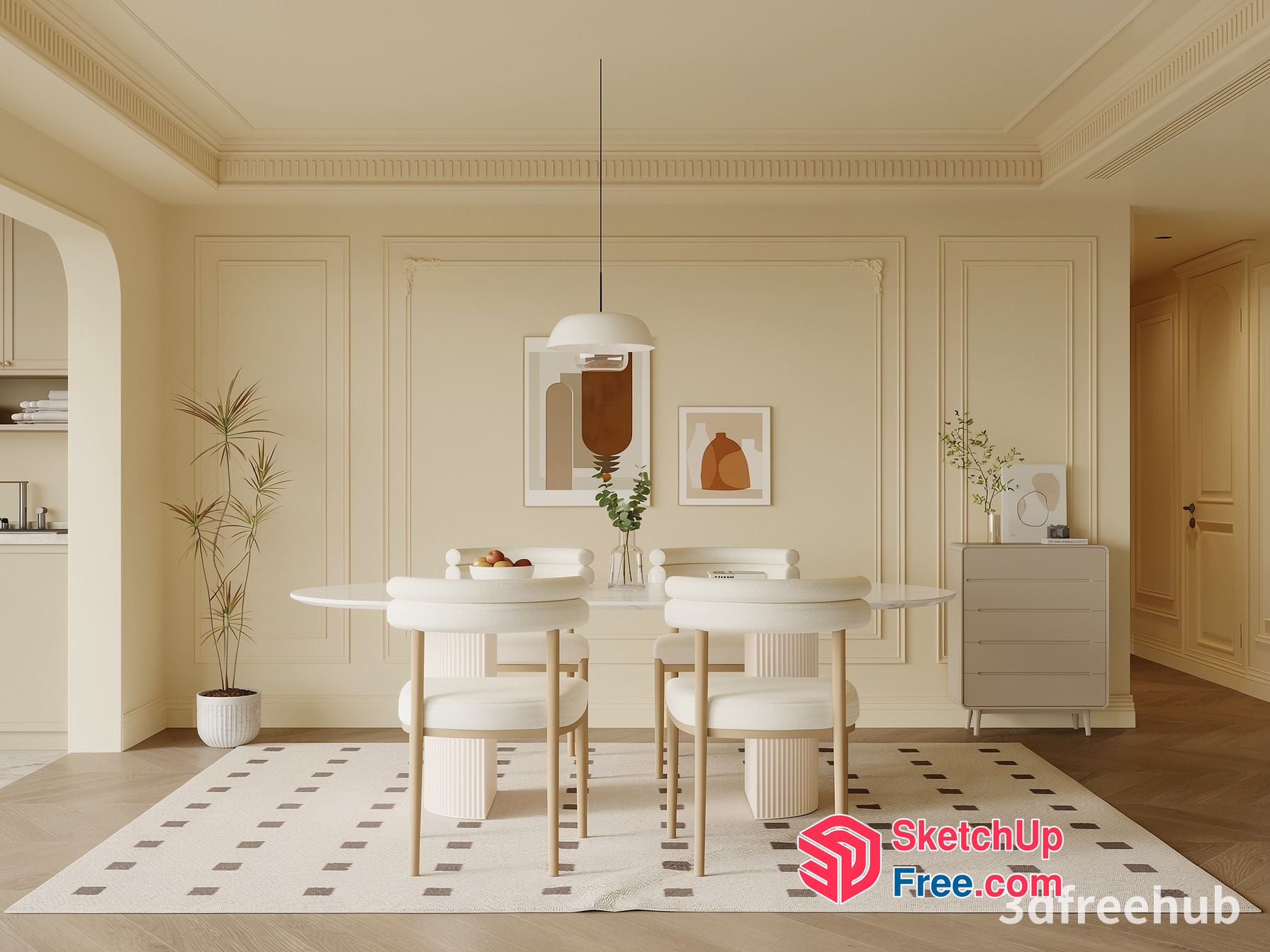 Elegant Creamy Style Dining Room With Modern Furniture 3D SketchUp File