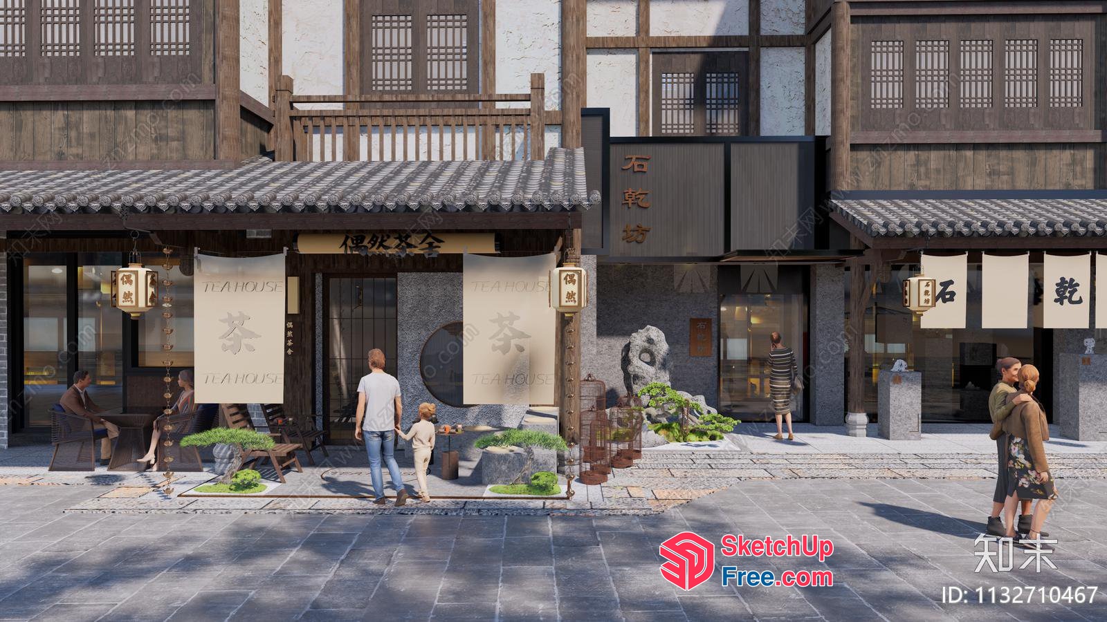 Traditional Asian-Style Commercial Street Scene 3D SketchUp File