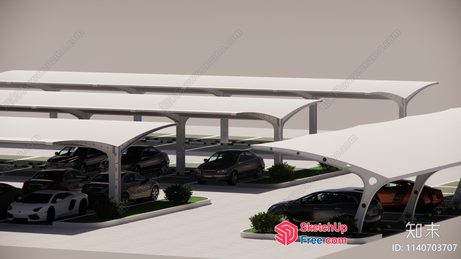 Car Parking Area With White Canopies And Cars 3D SketchUp File