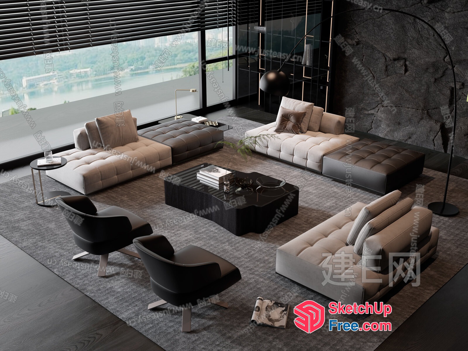 Modern Living Room With Large Windows And Neutral Color Scheme 3D SketchUp File