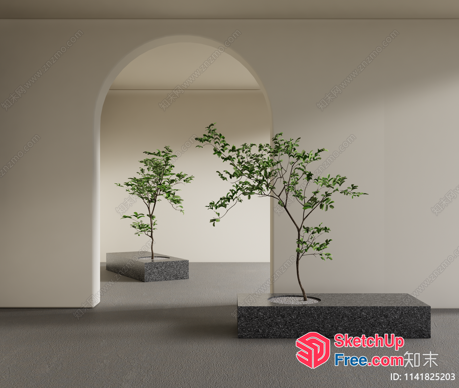 Minimalist Style Interior With Arched Entryway And Potted Plants 3D SketchUp File