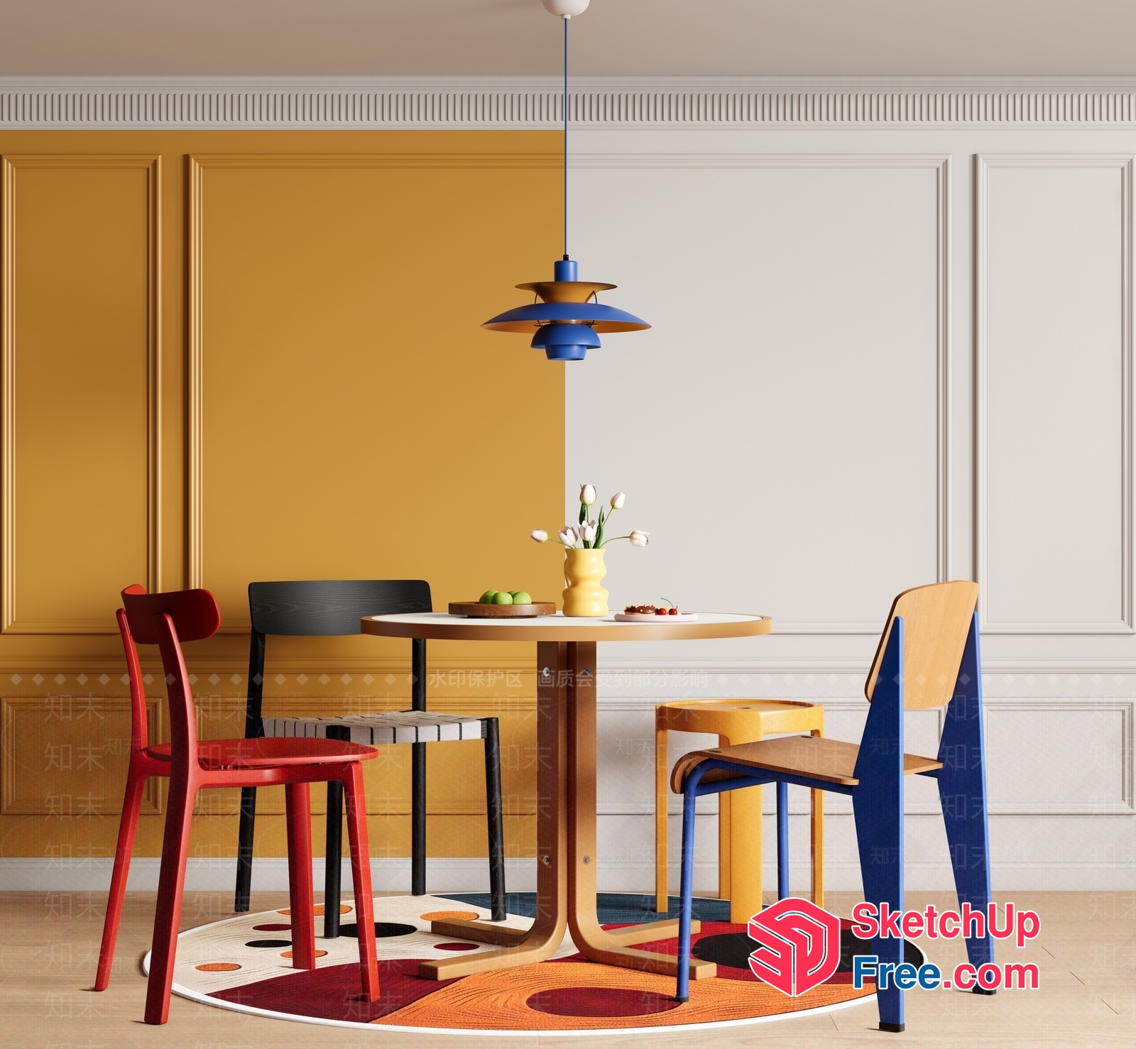 Colorful Dining Room With Unique Chairs And Table 3D SketchUp File