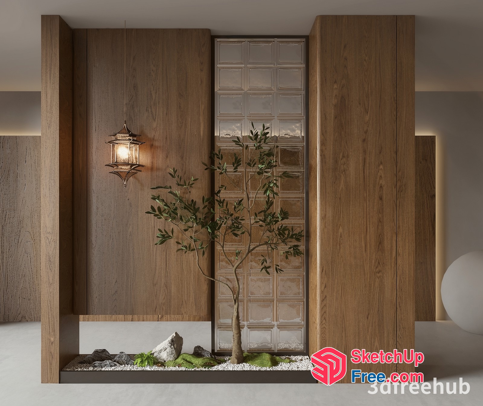 Glass Brick Wall With Tree And Rocks 3D SketchUp File