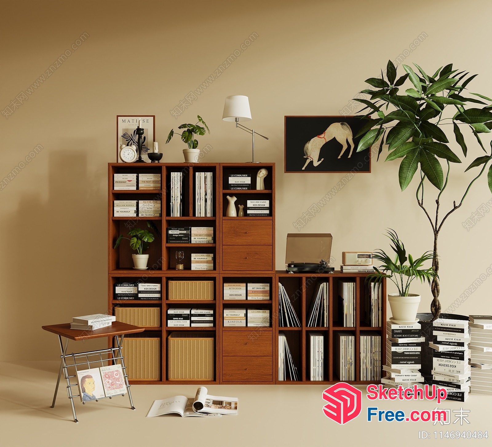 Modern Wooden Shelving Unit With Book Collection 3D SketchUp File