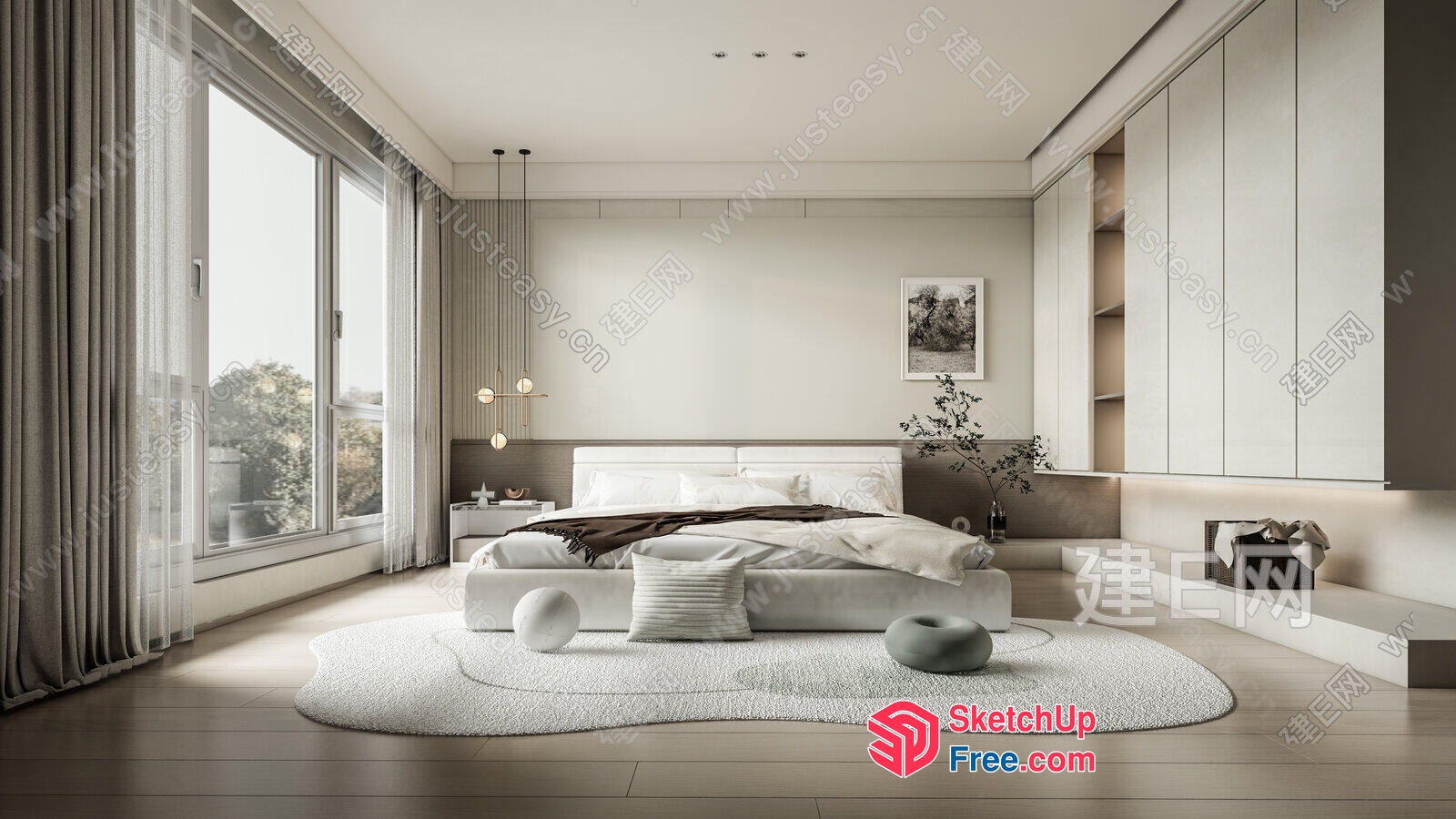 Modern Minimalist Bedroom With White And Gray Decor 3D SketchUp File