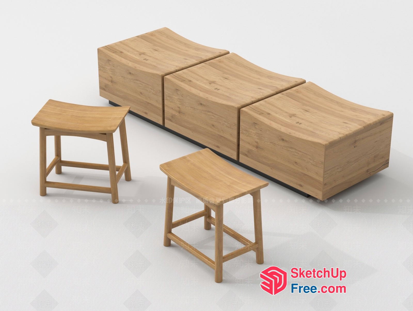 Curved Wooden Stools And Bench 3D SketchUp File