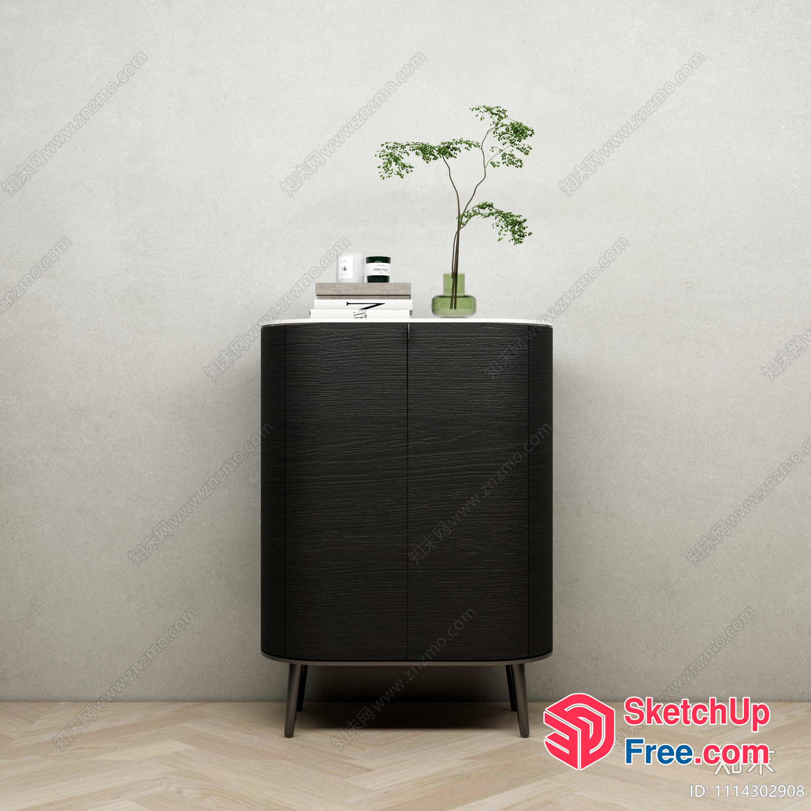 Black Leather Cabinet With Green Plant And Books 3D SketchUp File