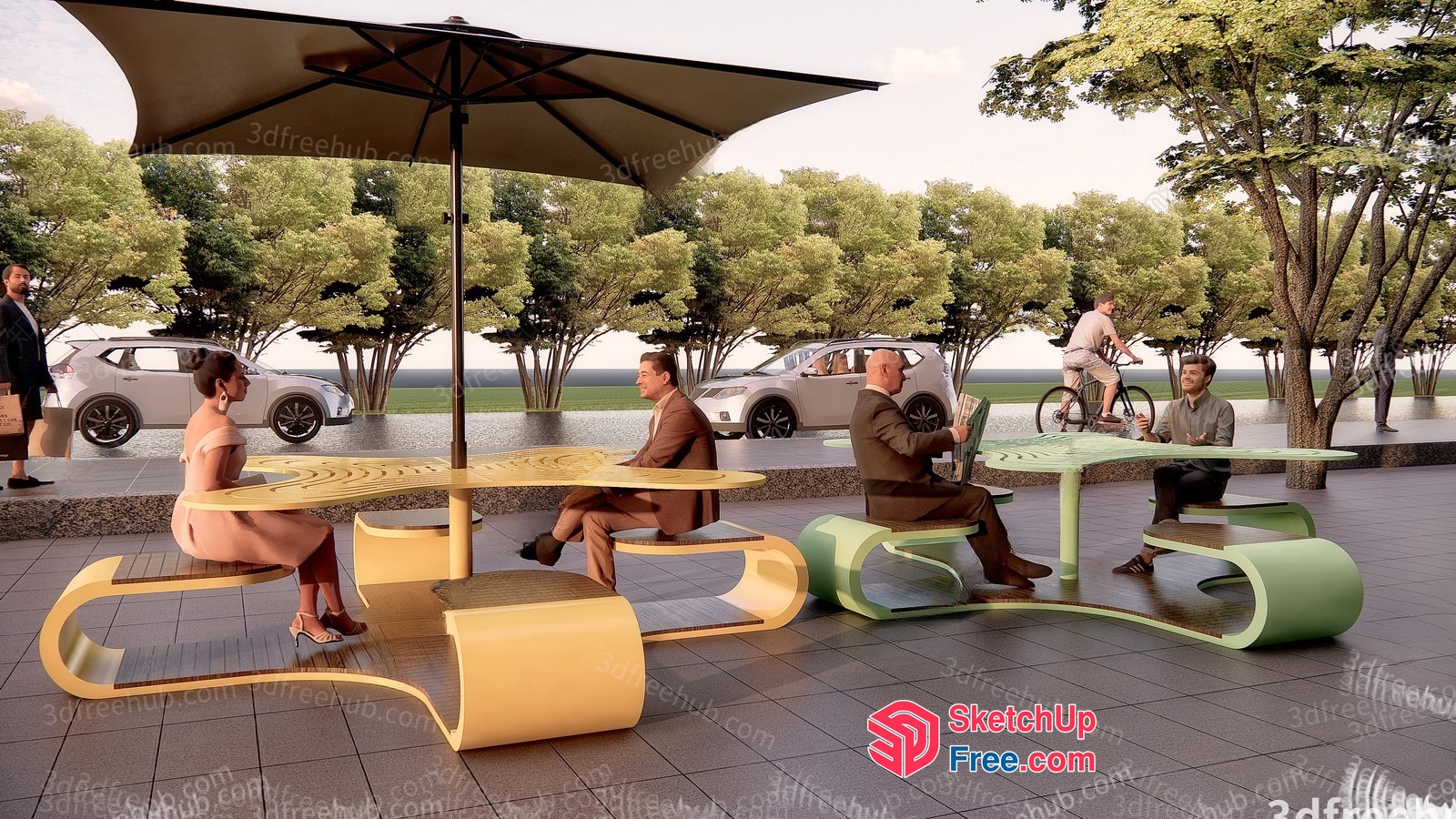 Outdoor Seating Area With Unique Tables And Benches 3D SketchUp File