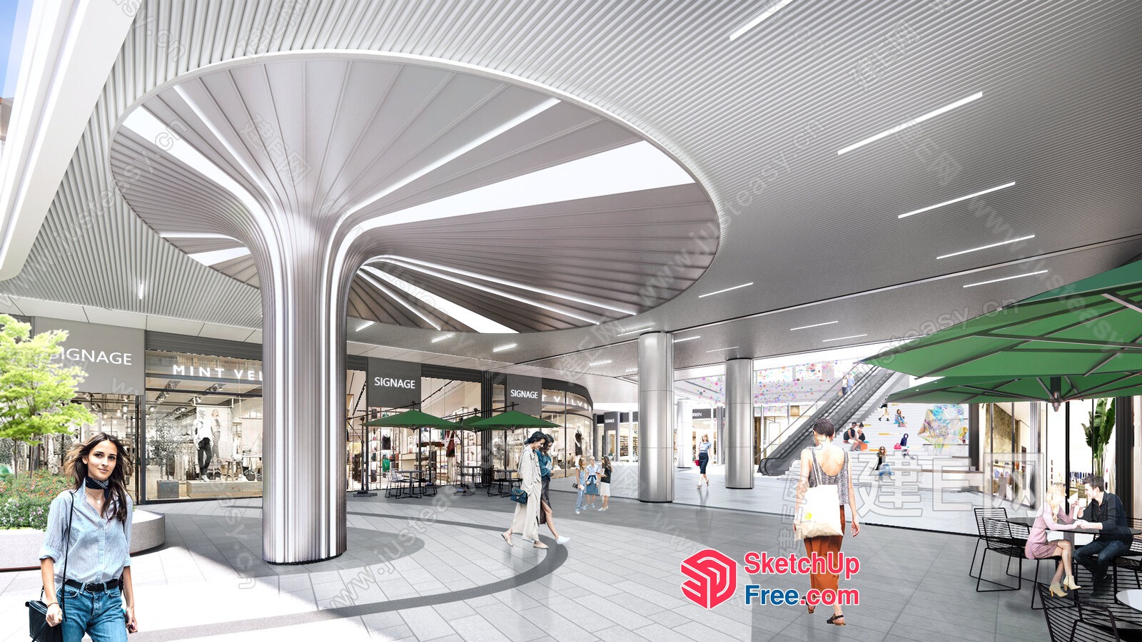 Modern Commercial Street Interior With Pillars And Stairs 3D SketchUp File