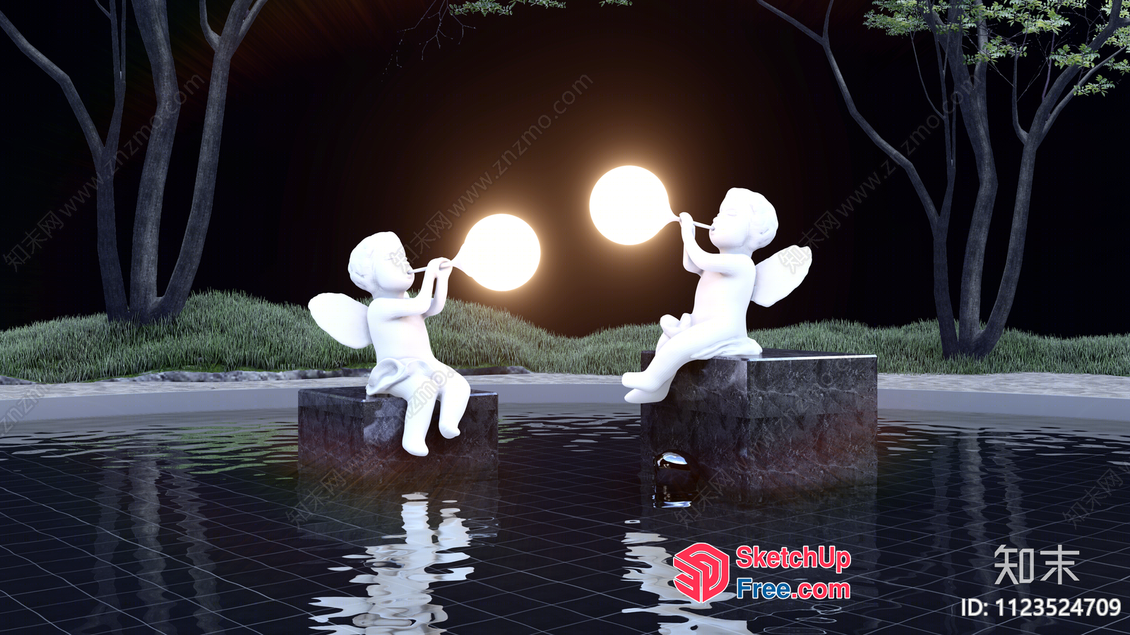 Two Cherubs Blowing Moonlight 3D SketchUp File