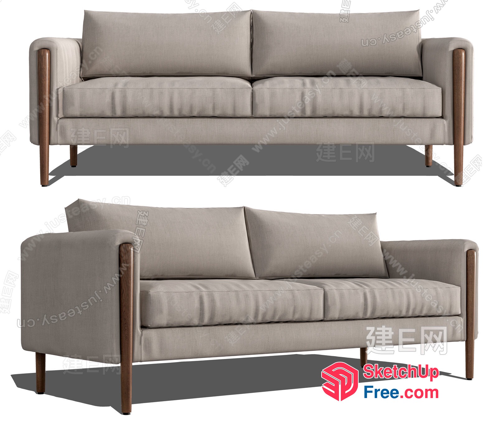 Modern Minimalist Grey Sofa With Wooden Legs 3D SketchUp File