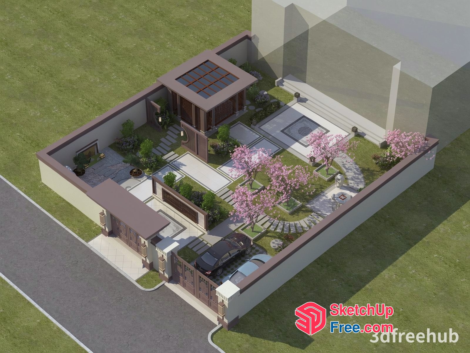 Modern Villa With Courtyard And Driveway 3D SketchUp File
