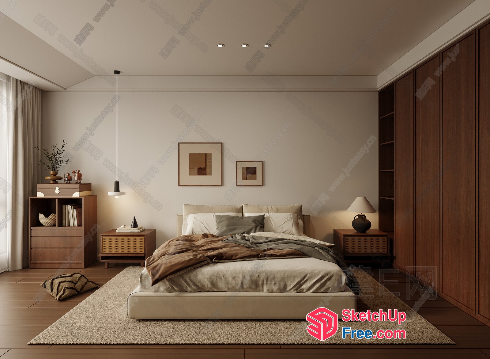 Modern Minimalist Bedroom With Natural Wood Accents 3D SketchUp File