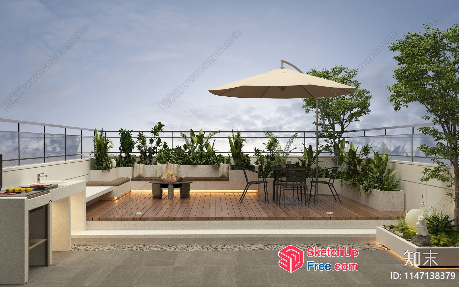 Rooftop Patio With Dining Table And Umbrella 3D SketchUp File