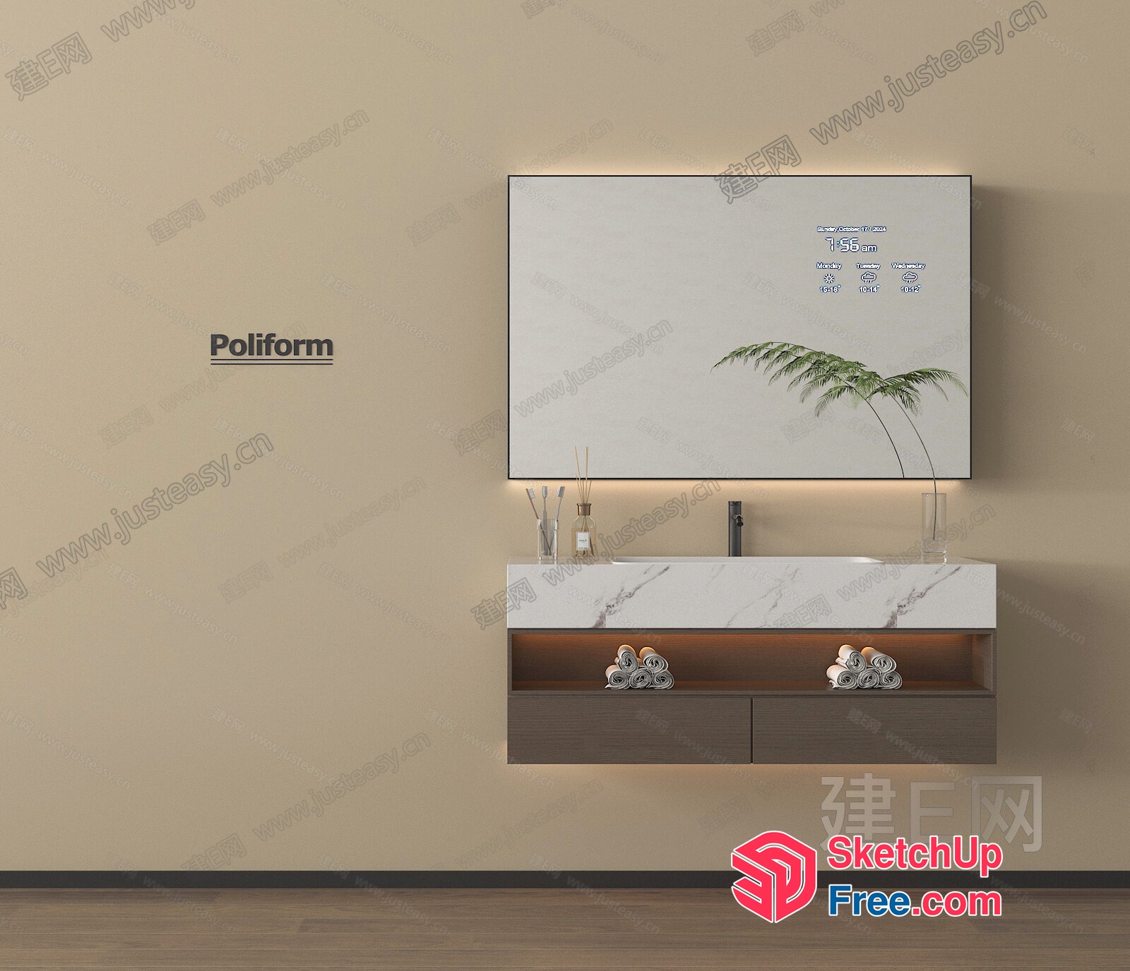 Modern Bathroom Vanity With Marble Countertop And Two Sinks 3D SketchUp File